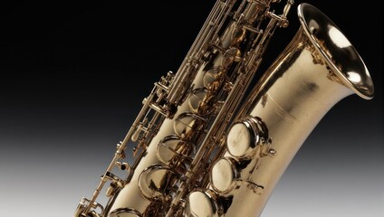 Obraz premium Close-up of a shiny, golden-hued wind instrument, showcasing keys and curves against a gradient backdrop