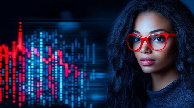 Young African woman in red glasses looks confidently at camera with financial chart in background. Bright red and blue data lines suggest trading. Concept: fintech and analytics