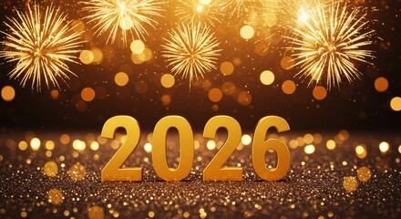 Happy New 2026 Letters with fireworks and golden bokeh , New Year eve 