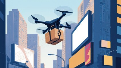 A drone delivers a package through a cityscape with billboards, against a blue sky