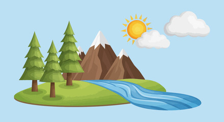 Idyllic natural scenery with snow-capped mountains, a clear blue river, and a bright sun in a vector art style
