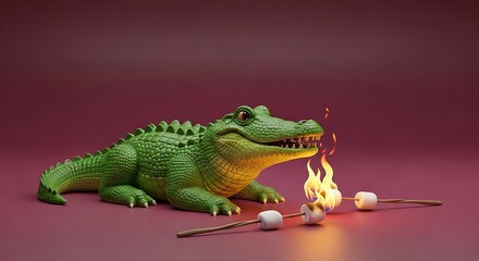 Alligator roasting marshmallows over a campfire, green reptile.
