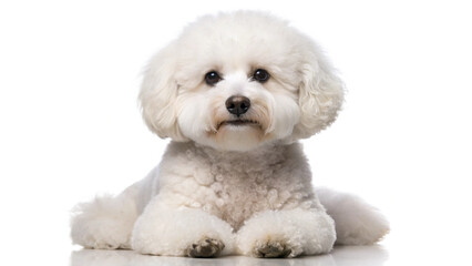 Full shot of a white Bichon Frise dog looking directly at the camera, with soft lighting, fluffy fur detail, and a clean neutral background &mdash; realistic, high-resolution pet portrait.