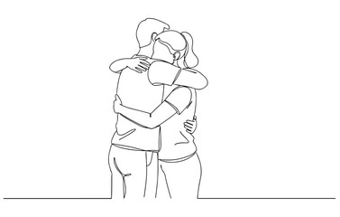 Continuous line illustration of two people hugging showing affection and care