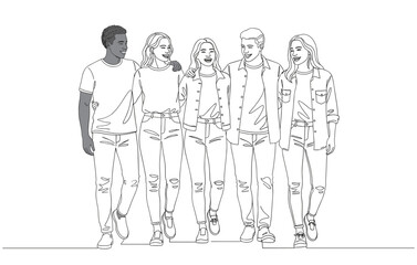 Continuous line art of diverse friends walking together and smiling