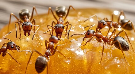 A group of ants gathered on a sticky sweet substance, macro photography.