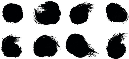 Collection of eight black ink brush stroke circles and splatters, isolated on transparent background, abstract artistic elements for design