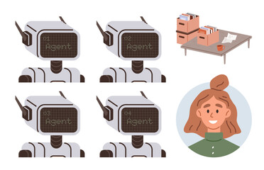 Four robots labeled Agent in grid formation, a smiling woman portrait, desk with storage boxes and papers. Ideal for teamwork, AI, workplace, innovation, human-AI interaction, organization