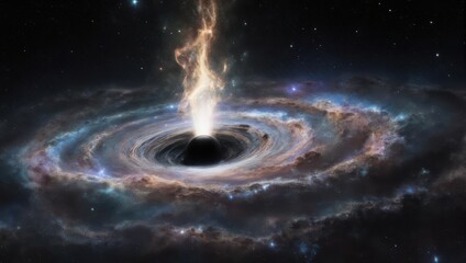 A cosmic illustration showcasing a black hole with an accretion disk, and jets erupting into space