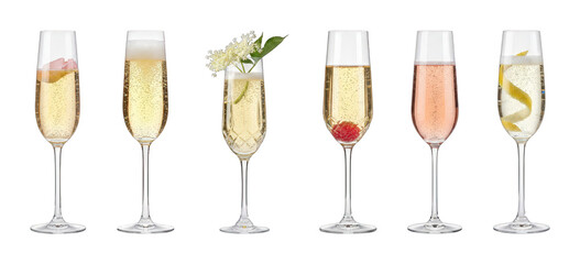 Champagne flutes set including sparkling wine, rosé, and garnished variations isolated. Celebration drinks collection.