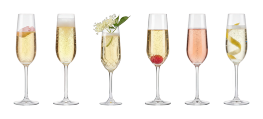 Champagne flutes set including sparkling wine, rosé, and garnished variations isolated. Celebration drinks collection.