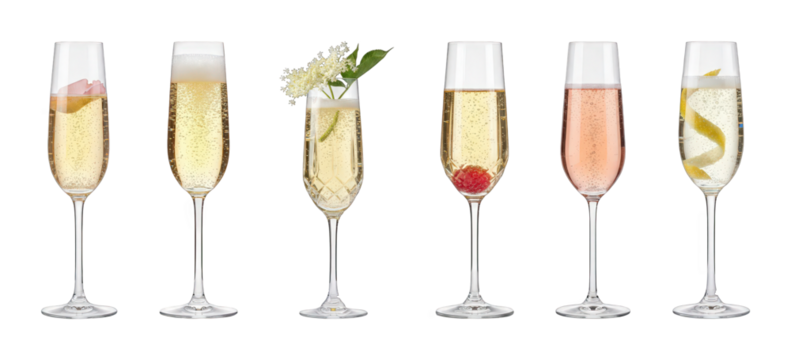 Champagne flutes set including sparkling wine, rosé, and garnished variations isolated. Celebration drinks collection. - Powered by Adobe