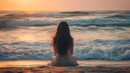 A person sitting on the beach and watching the sunset with a sense of tranquility. The image evokes feelings of peace, contemplation, and a connection with nature