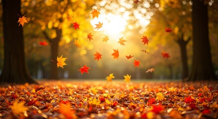 Beautiful autumn landscape with yellow trees and sun, Autumn leaves background, Falling leaves natural background