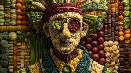 Creative portrait of a man made from fruits, vegetables and pasta.