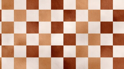 Seamless checkerboard pattern with squares in warm earthy tones — light cream, tan, and rich reddish-brown terracotta background image 