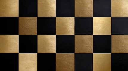 Seamless luxurious checkerboard pattern in black and metallic gold with textured, leather-like squares, creating a sophisticated and high-end design.