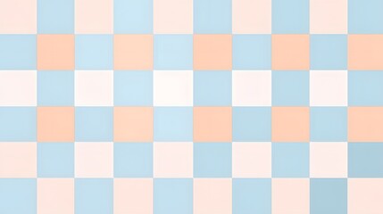 Seamless geometric checkerboard pattern in pastel peach, pale blue, and white, creating a gentle, bright background ideal for baby or spring themes.