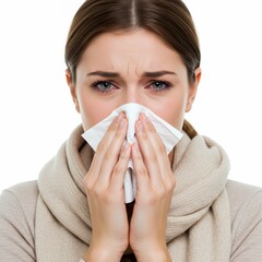 Close-up Of Nose, tissue and sick woman sneezing on white background 
