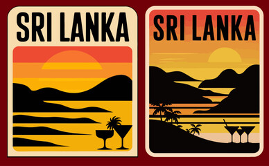 Sri Lanka Retro Travel Sticker Set with Sunset Landscape Mountain Lake Silhouette Vintage Badge Vector Design
