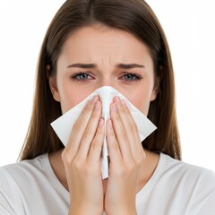 Close-up Of Nose, tissue and sick woman sneezing on white background 