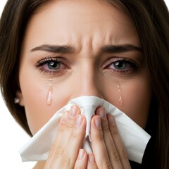 Close-up Of Nose, tissue and sick woman sneezing on white background 