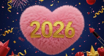 Happy New year Celebrating Golden Numbers 2026 On Soft Heart shape Pillow On Fireworks and sparkling Background New Year 2026 