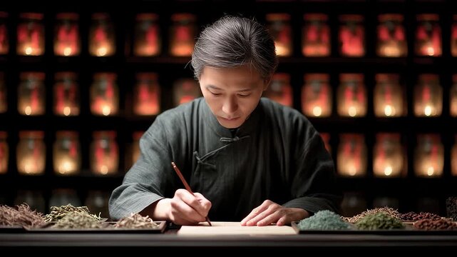 Pharmacist Writing Prescription in Herbal Medicine Shop