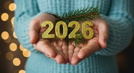 Female Hand Holding New Year 2026 Numbers In Hand On Golden Bokeh Background, new years eve, Celebrating 