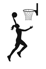 Silhouette of a female basketball player dunking a ball isolated on transparent background