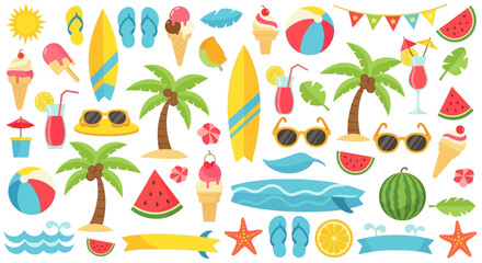 Collection of Summer Beach Vacation Tropical Island Recreation and Travel Elements