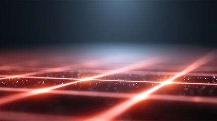 Abstract glowing red grid with neon light lines on dark surface, futuristic technology background concept with depth and reflections.