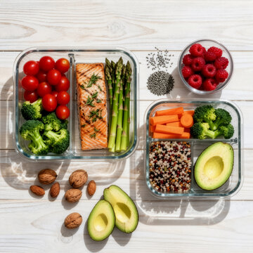 alimentos saudaveis como: peixe, aspargo, nozes coloridas visto de cima em uma composi&ccedil;&atilde;o na bancada branca de marmore