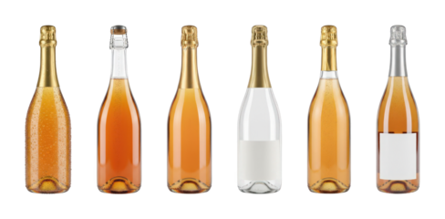 Sparkling wine bottle set including wet, dry, with cork, gold foil, and blank label variations isolated. Mockup template collection.