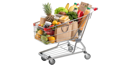 Metal shopping trolley filled with colorful groceries, fruits, and packages, isolated on white background, PNG with soft shadow