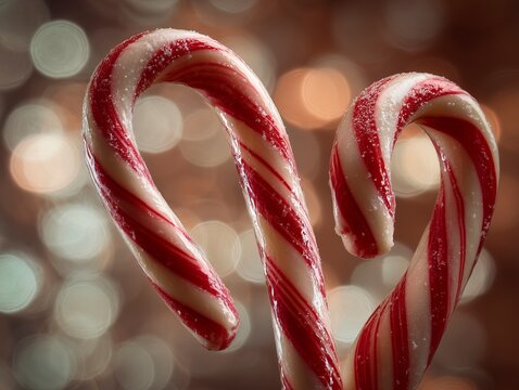 A Sweet and Festive Close-Up of Two Classic Red and White Striped Candy Canes Forming a Heart Shape Against a Warm, Magical Background of Glowing Holiday Lights. - Powered by Adobe