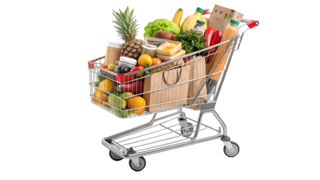 Metal shopping trolley filled with colorful groceries, fruits, and packages, isolated on white background, PNG with soft shadow