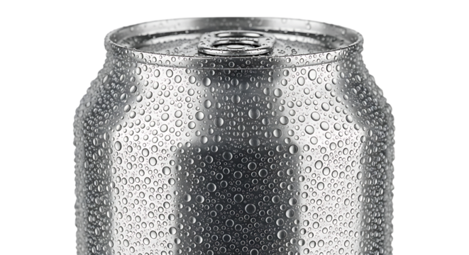 Cold aluminum soda can with condensation isolated on transparent background