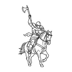 Medieval Knight on Horseback with Battle Axe Line Art Illustration.