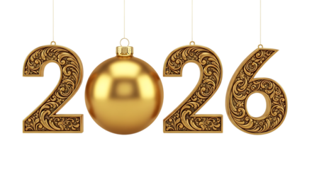 Golden 2026 numbers with a christmas ornament, isolated on transparent background