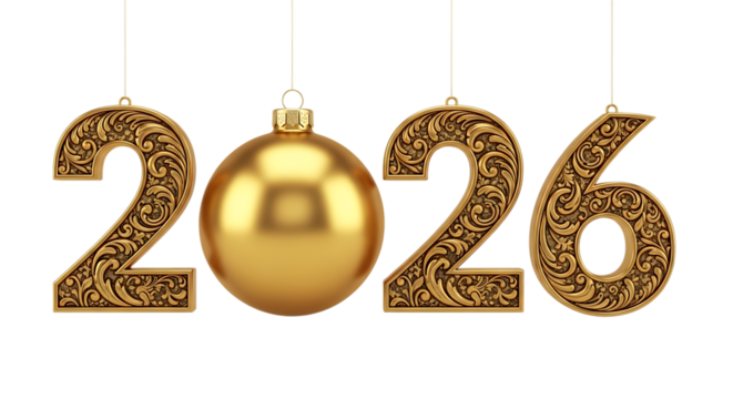 Golden 2026 numbers with a christmas ornament, isolated on transparent background