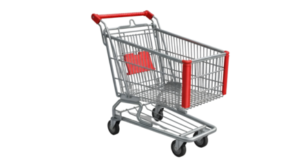 Empty metal shopping cart with red handle, isolated on white background, realistic shadows, clean PNG