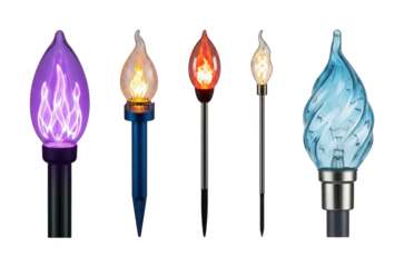 Flame effect garden light set including various colored LED bulbs and spike designs isolated. Outdoor decorative ambiance.