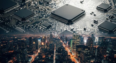 Circuit Board and Cityscape: Technology and Urban Development Fusion.