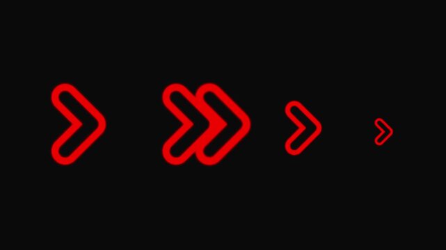 Sequence of Red Neon Arrows Pointing Right in Varying Sizes on Black Background glowing  4k video .