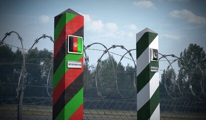 Border posts with flags of Afghanistan and Pakistan - 3d illustration