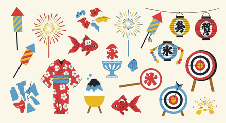 Vibrant Japanese Summer Festival Celebration Collection Featuring Traditional Artwork and Iconic Summer Elements