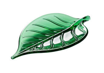 Meticulously sculpted translucent emerald green glass leaf, organic veins, polished, casting subtle shadow on a transparent studio background with copy space, high-end craftsmanship concept
