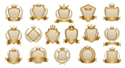 A Collection of Elegant Golden Heraldic Shields Adorned with Royal Crowns and Decorative Ribbons Offering a Sense of Nobility and Prestige