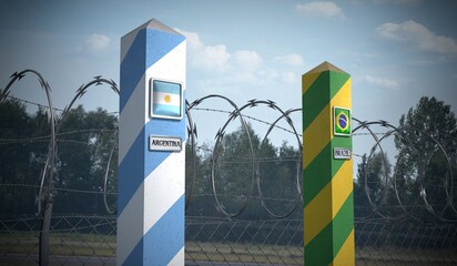 Border posts with flags of Argentina and Brazil - 3d illustration